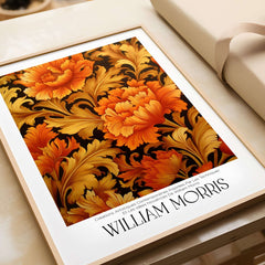 William Morris Prints - Orange Gold Floral Pattern Art Print - Dark Botanical Poster displayed in an elegant frame