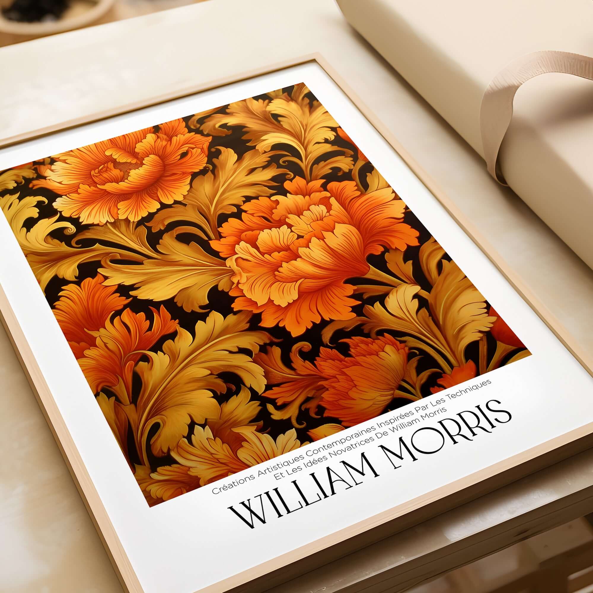 William Morris Prints - Orange Gold Floral Pattern Art Print - Dark Botanical Poster displayed in an elegant frame