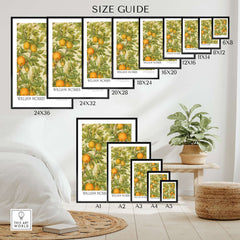 Size guide for William Morris Prints - Orange Grove Fruit Tree Art Print - Botanical Poster sizes on display.