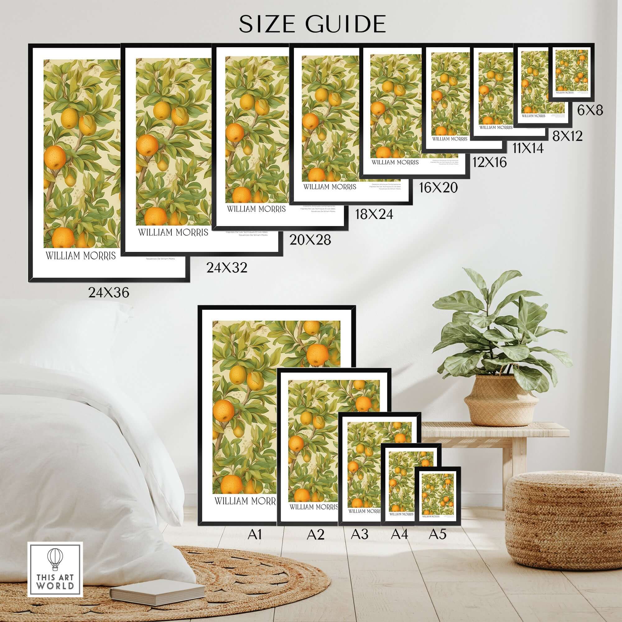 Size guide for William Morris Prints - Orange Grove Fruit Tree Art Print - Botanical Poster sizes on display.