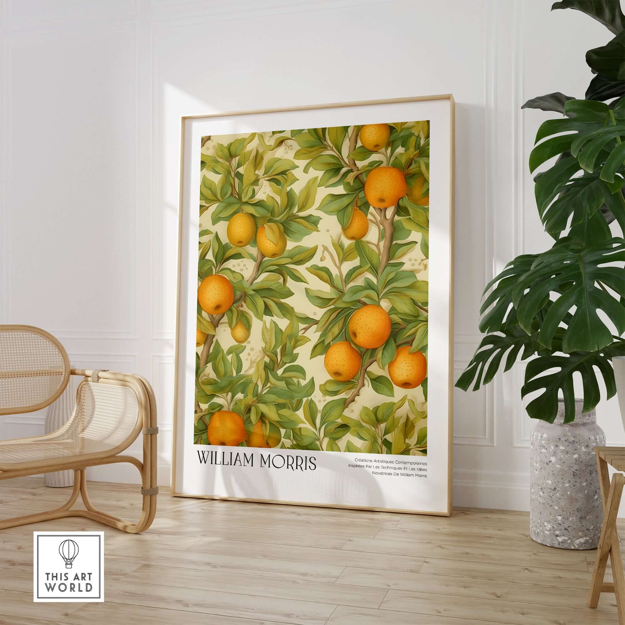 William Morris Prints - Orange Grove Fruit Tree Art Print - Botanical Poster displayed in stylish interior setting.