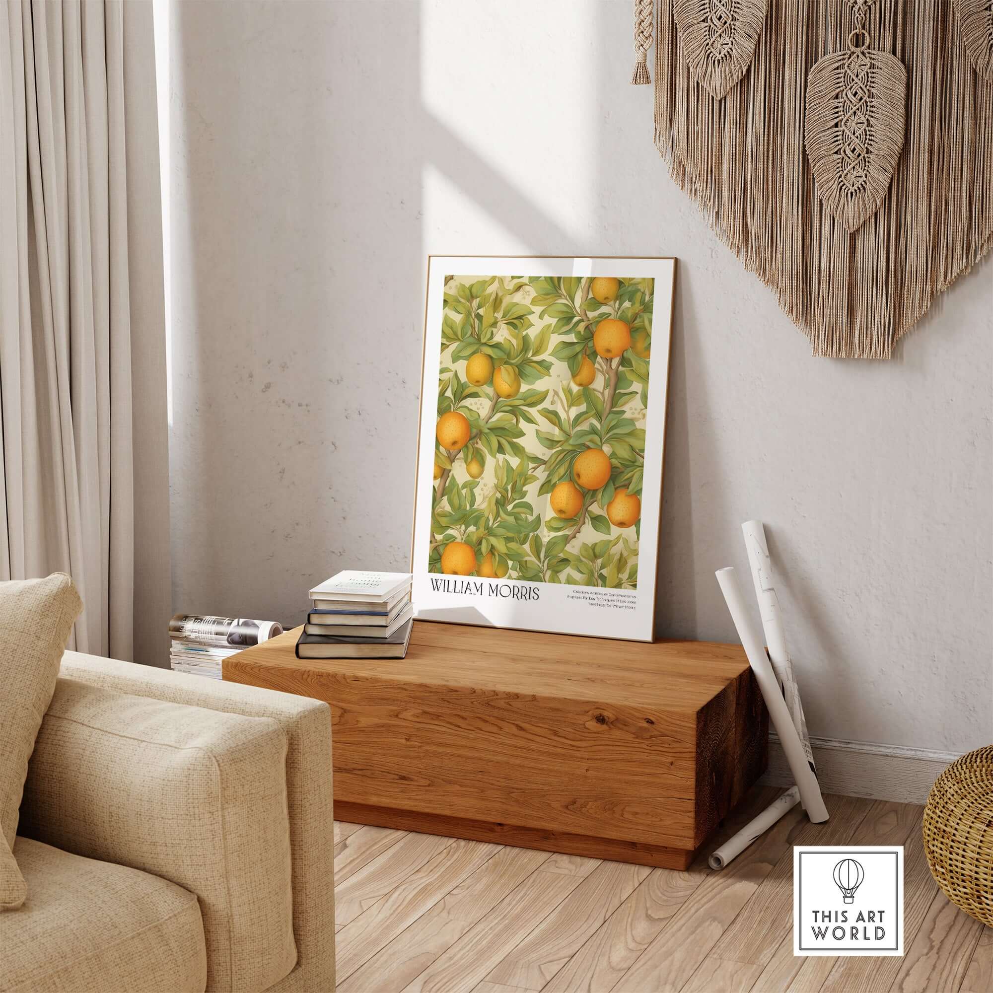 William Morris Prints - Orange Grove Fruit Tree Art Print - Botanical Poster displayed in a cozy living room setting.