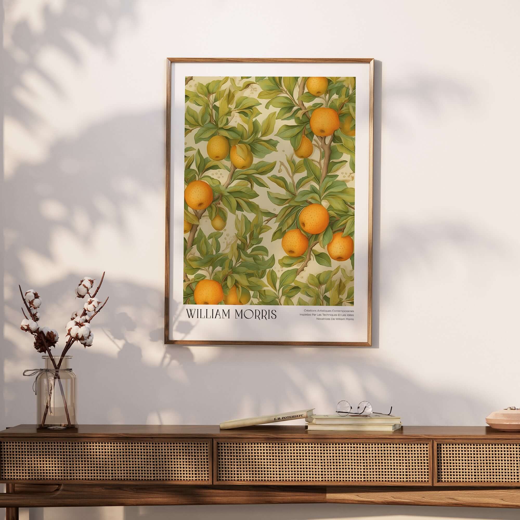 William Morris Prints - Orange Grove Fruit Tree Art Print - Botanical Poster displayed in a stylish interior setting.