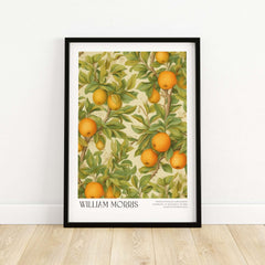 William Morris Prints - Orange Grove Fruit Tree Art Print - Botanical Poster featuring oranges and green leaves.