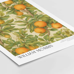 William Morris Prints - Orange Grove Fruit Tree Art Print - Botanical Poster featuring vibrant oranges and green leaves.
