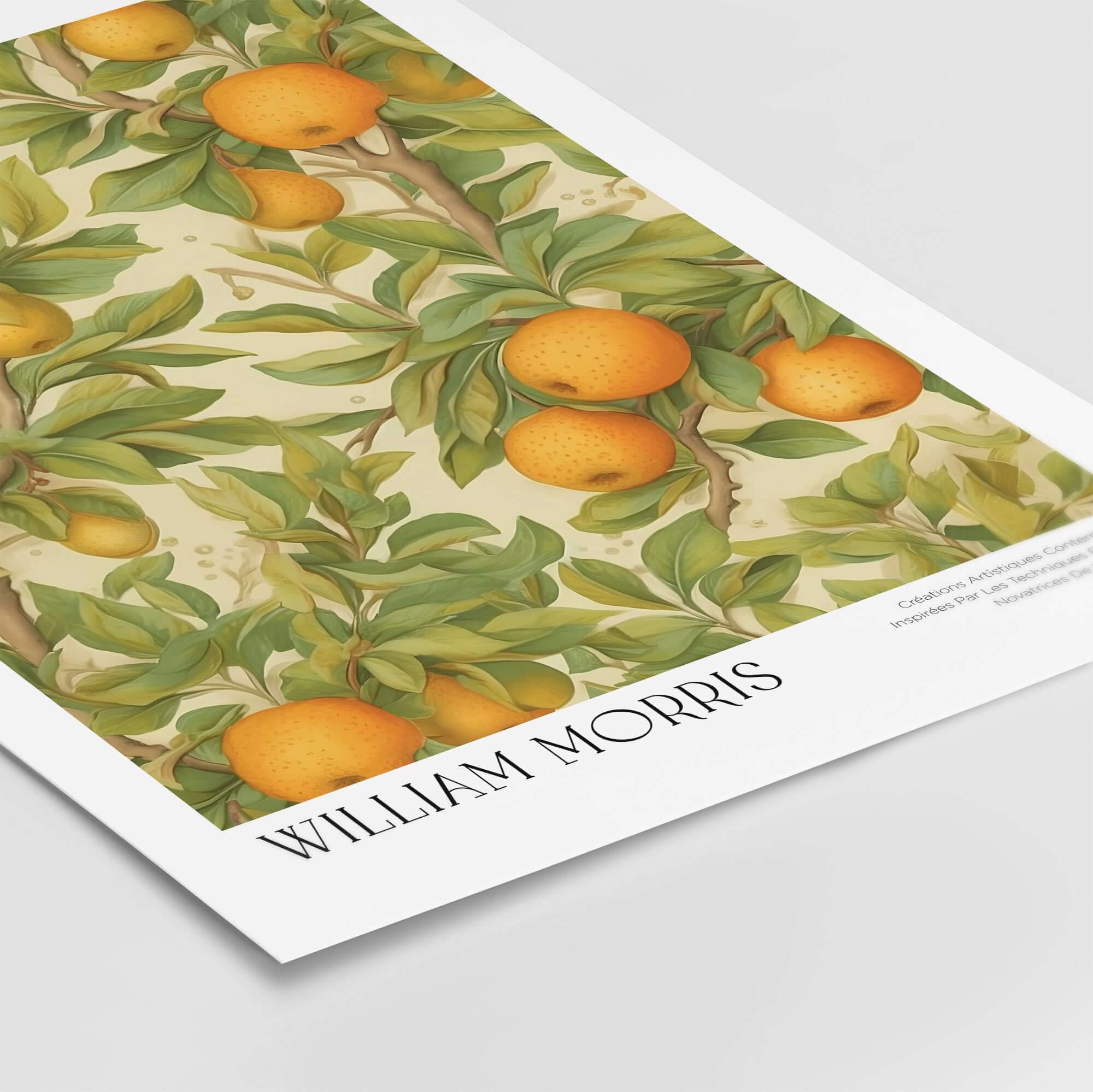 William Morris Prints - Orange Grove Fruit Tree Art Print - Botanical Poster featuring vibrant oranges and green leaves.