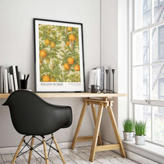 William Morris Prints - Orange Grove Fruit Tree Art Print - Botanical Poster displayed in a stylish home office decor.