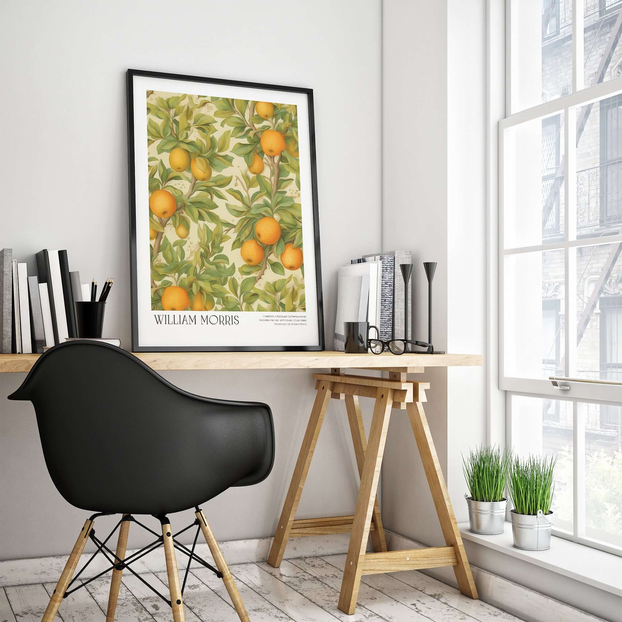 William Morris Prints - Orange Grove Fruit Tree Art Print - Botanical Poster displayed in a stylish home office decor.