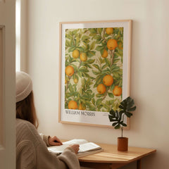 William Morris Prints - Orange Grove Fruit Tree Art Print - Botanical Poster featuring ripe oranges and lush leaves.