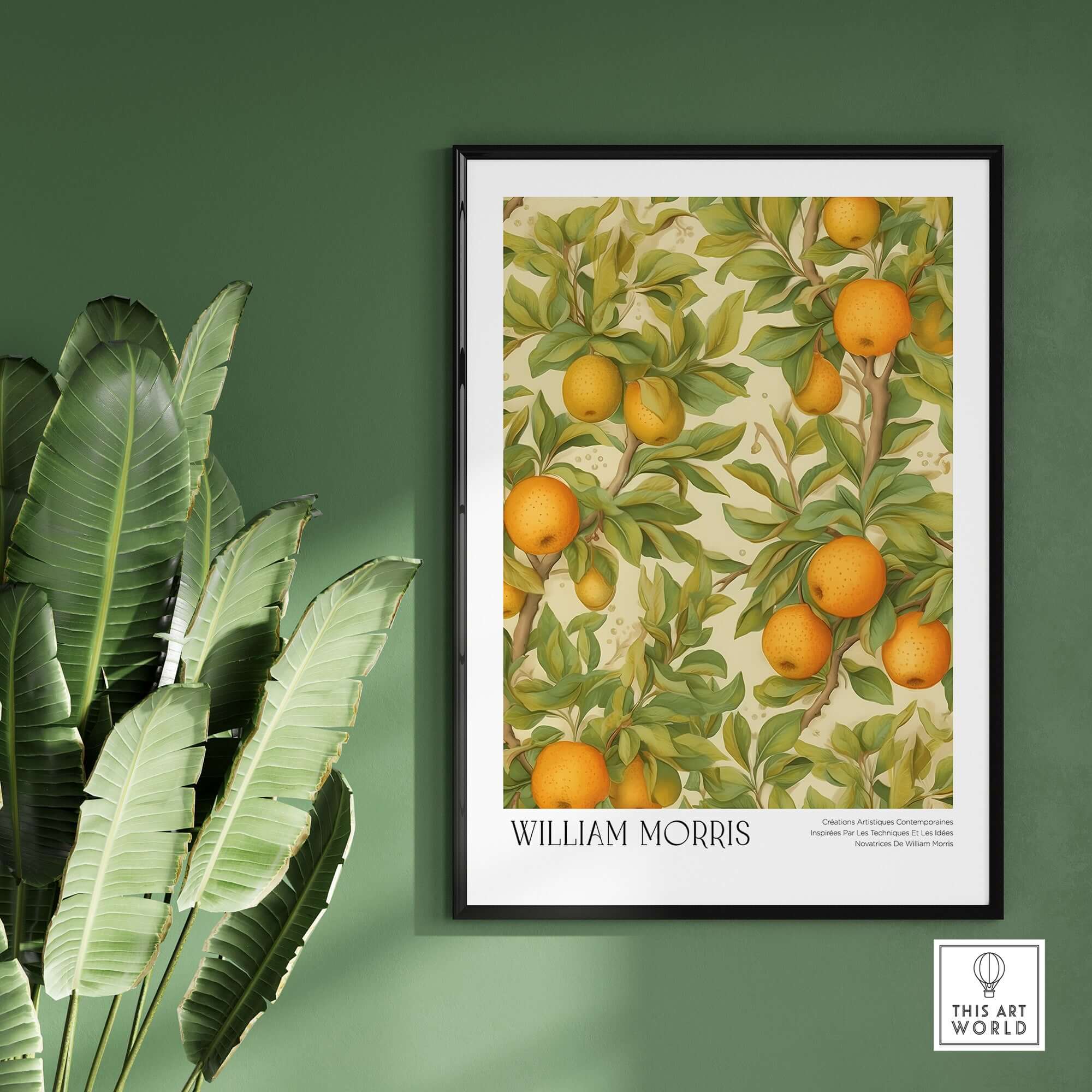 William Morris Prints - Orange Grove Fruit Tree Art Print - Botanical Poster featuring leafy branches and ripe oranges.