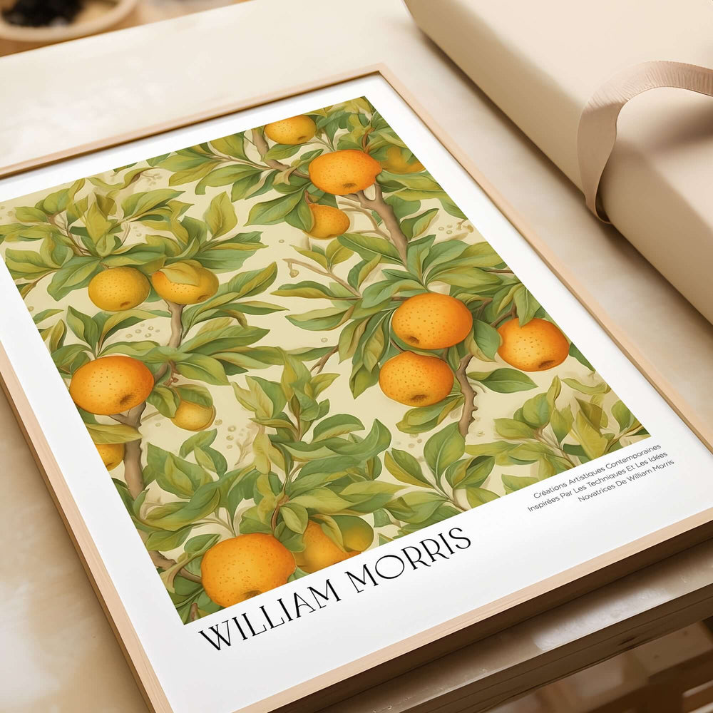 William Morris Prints - Orange Grove Fruit Tree Art Print - Botanical Poster featuring vibrant oranges and lush leaves.