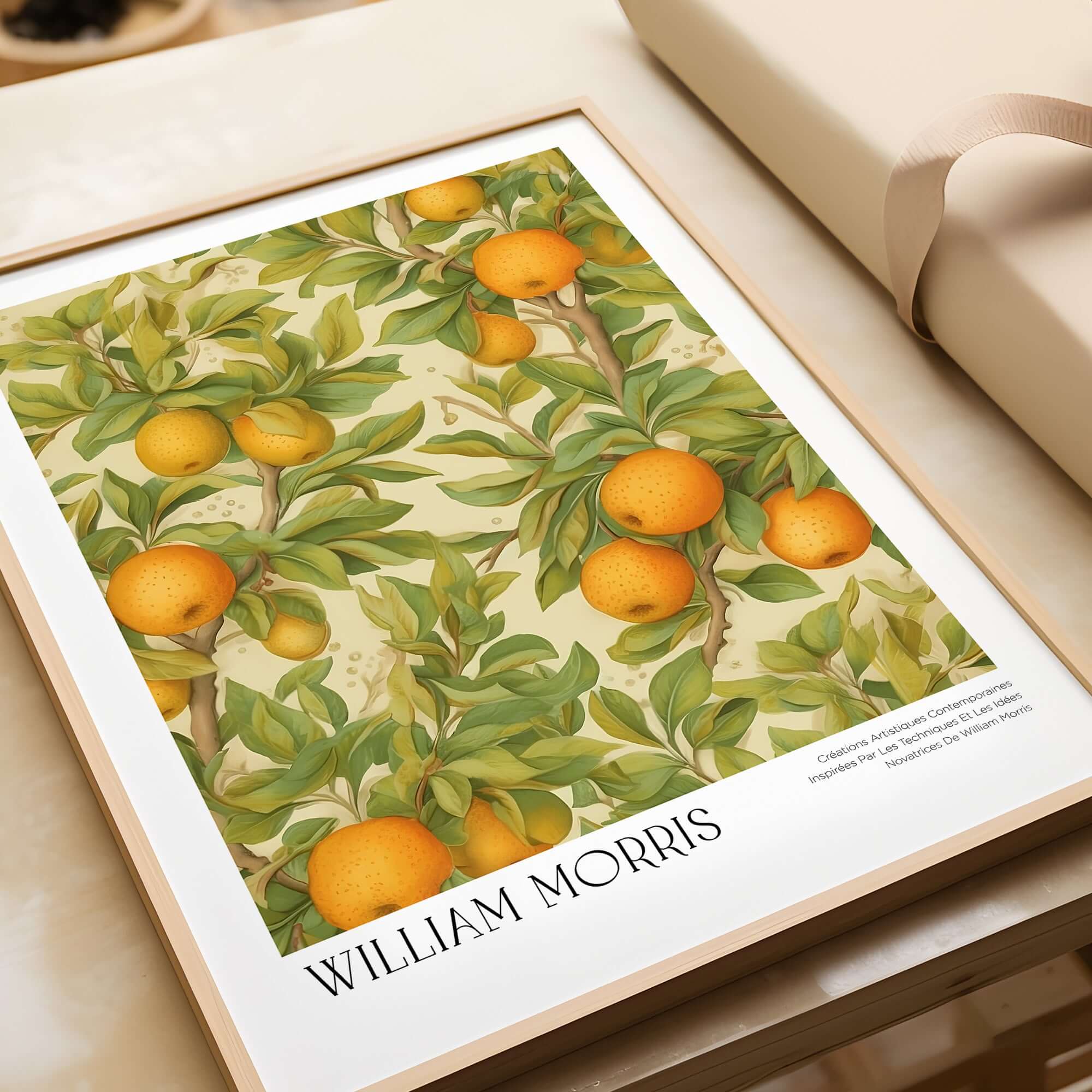 William Morris Prints - Orange Grove Fruit Tree Art Print - Botanical Poster featuring vibrant oranges and lush leaves.