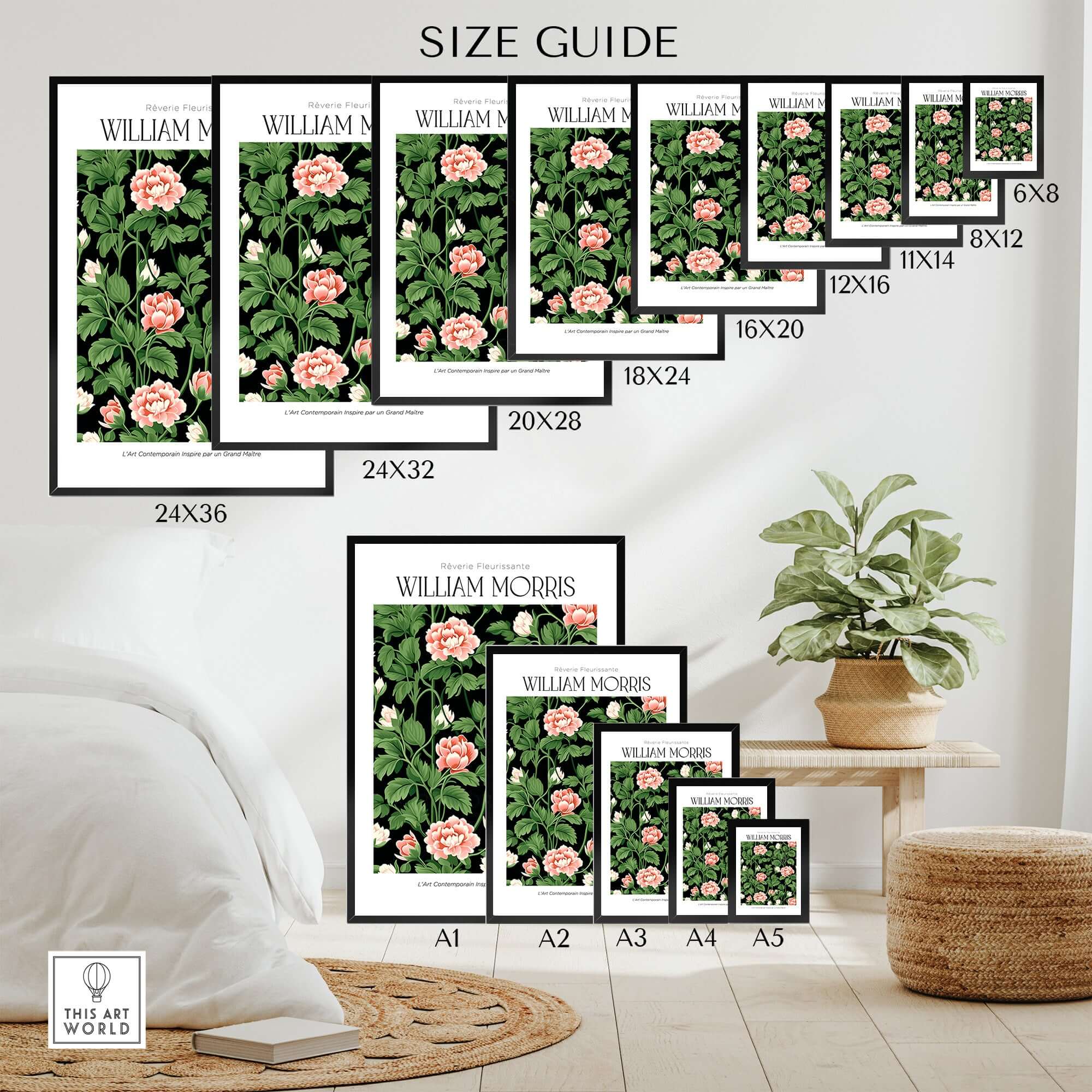 William Morris Prints - Pink Blossom Art Print - Dark Botanical Poster size guide showing various frame sizes.