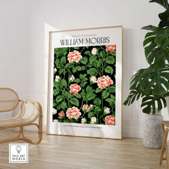 William Morris Prints - Pink Blossom Art Print - Dark Botanical Poster, vibrant flowers against dark backdrop in stylish interior.