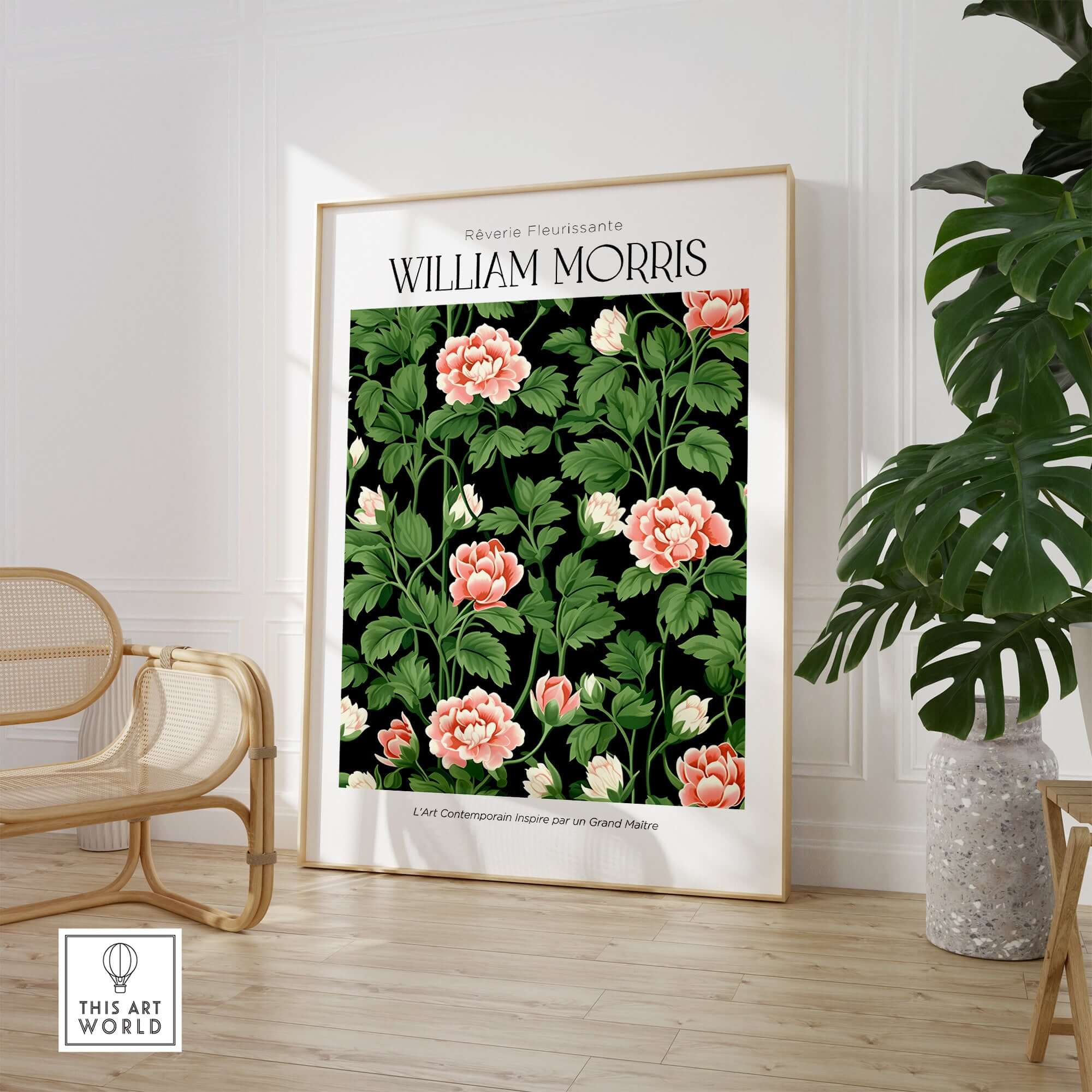William Morris Prints - Pink Blossom Art Print - Dark Botanical Poster, vibrant flowers against dark backdrop in stylish interior.