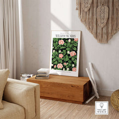 William Morris Prints - Pink Blossom Art Print - Dark Botanical Poster displayed in a stylish interior setting.