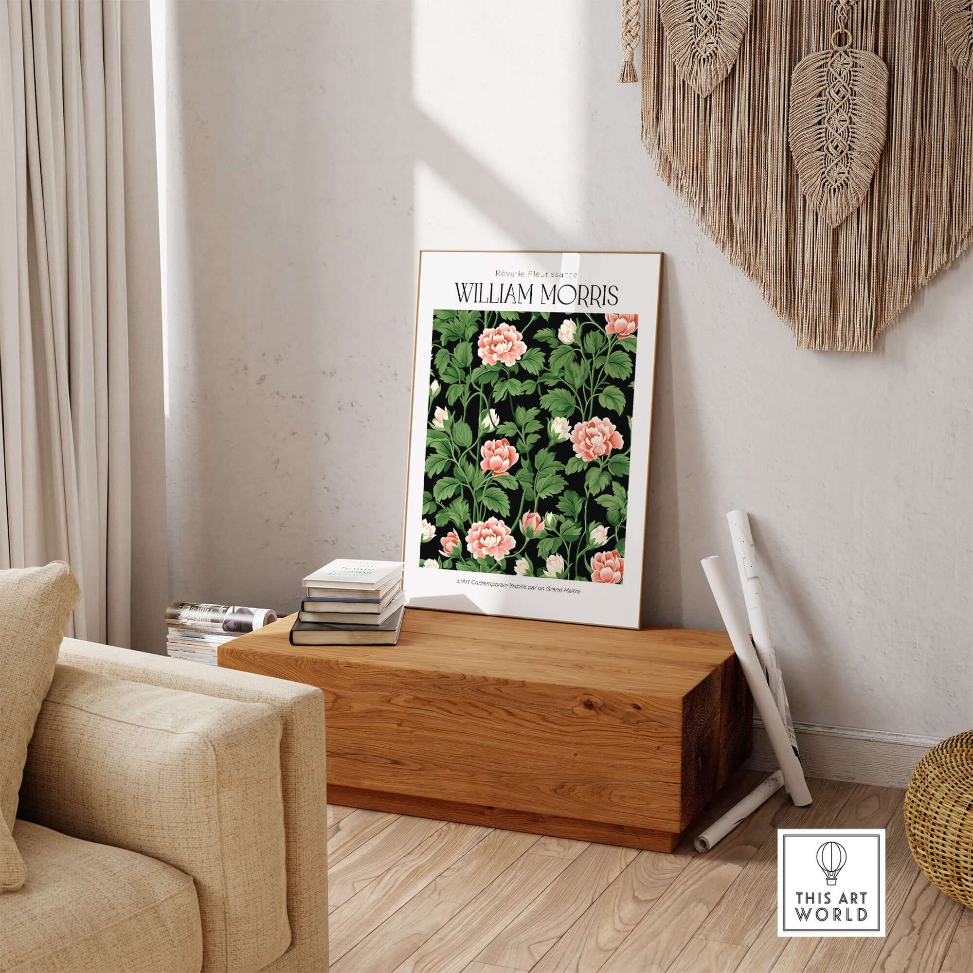 William Morris Prints - Pink Blossom Art Print - Dark Botanical Poster displayed in a stylish interior setting.