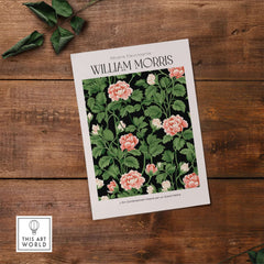 William Morris Prints - Pink Blossom Art Print - Dark Botanical Poster featuring pink blossoms on a black background.