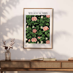 William Morris Prints - Pink Blossom Art Print - Dark Botanical Poster displayed in a stylish interior setting.