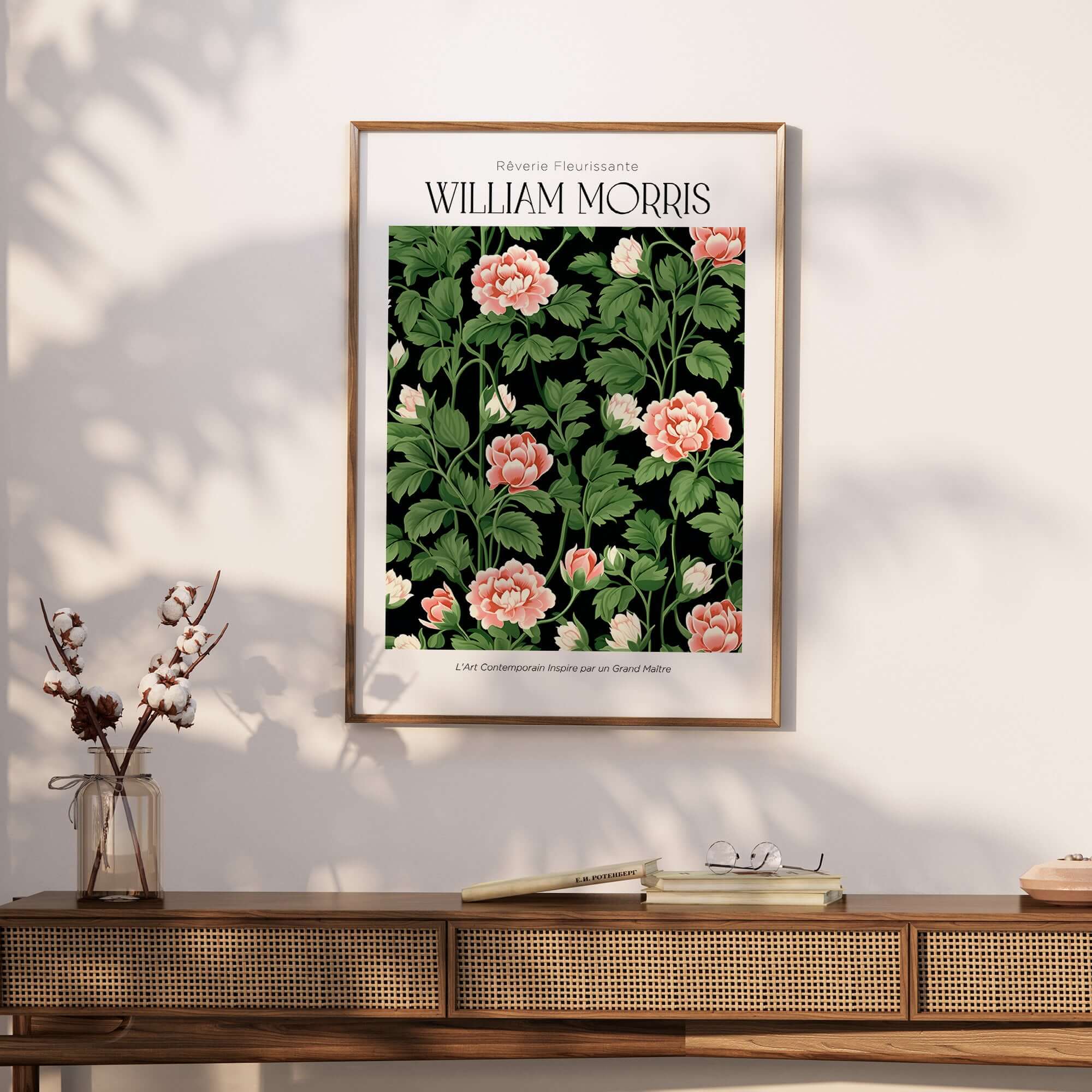 William Morris Prints - Pink Blossom Art Print - Dark Botanical Poster displayed in a stylish interior setting.
