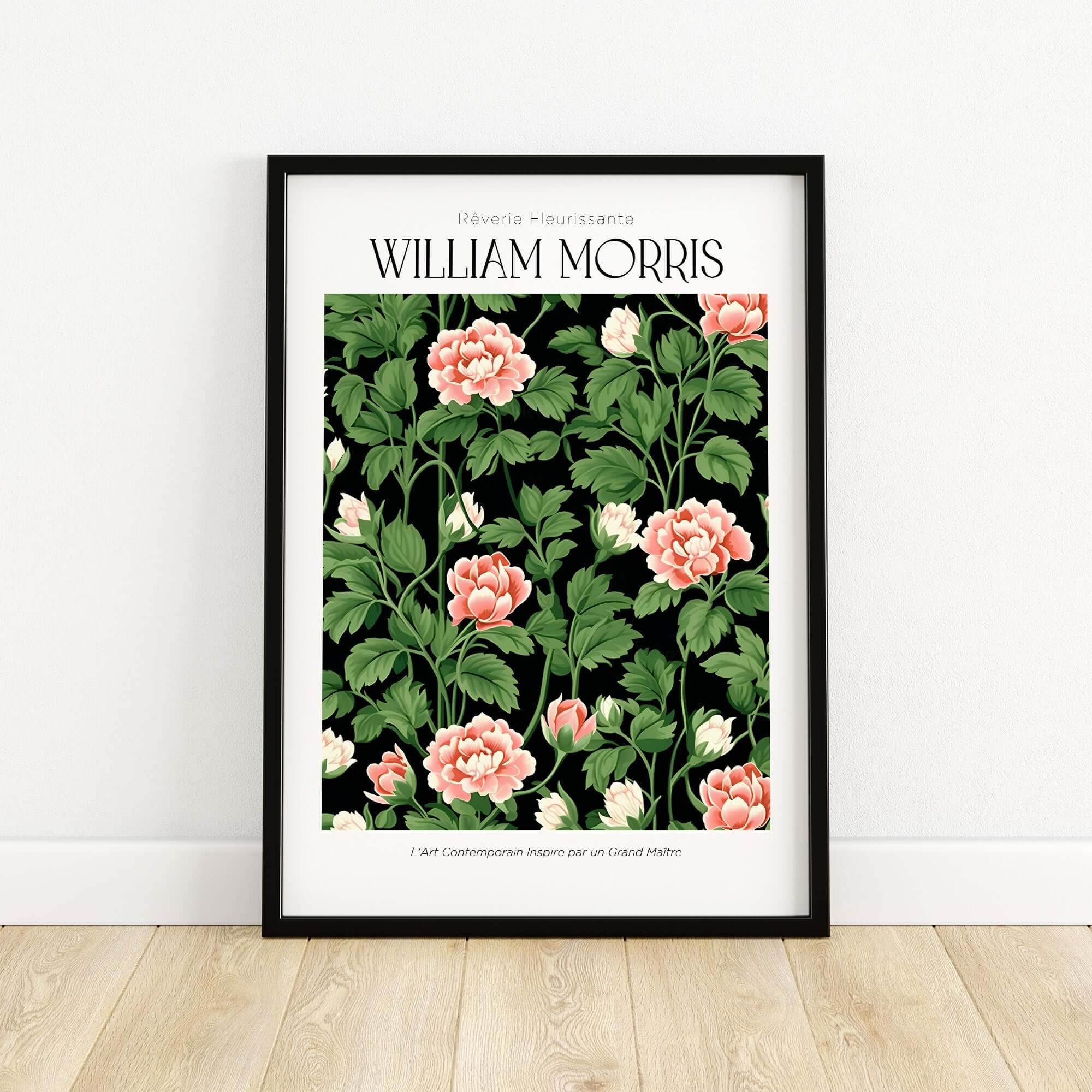 William Morris Prints - Pink Blossom Art Print - Dark Botanical Poster featuring floral design in pink and green on black background.