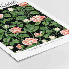 William Morris Prints - Pink Blossom Art Print - Dark Botanical Poster showcasing floral design on black background.