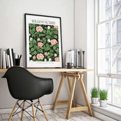 William Morris Prints - Pink Blossom Art Print - Dark Botanical Poster displayed in a modern home office setting.