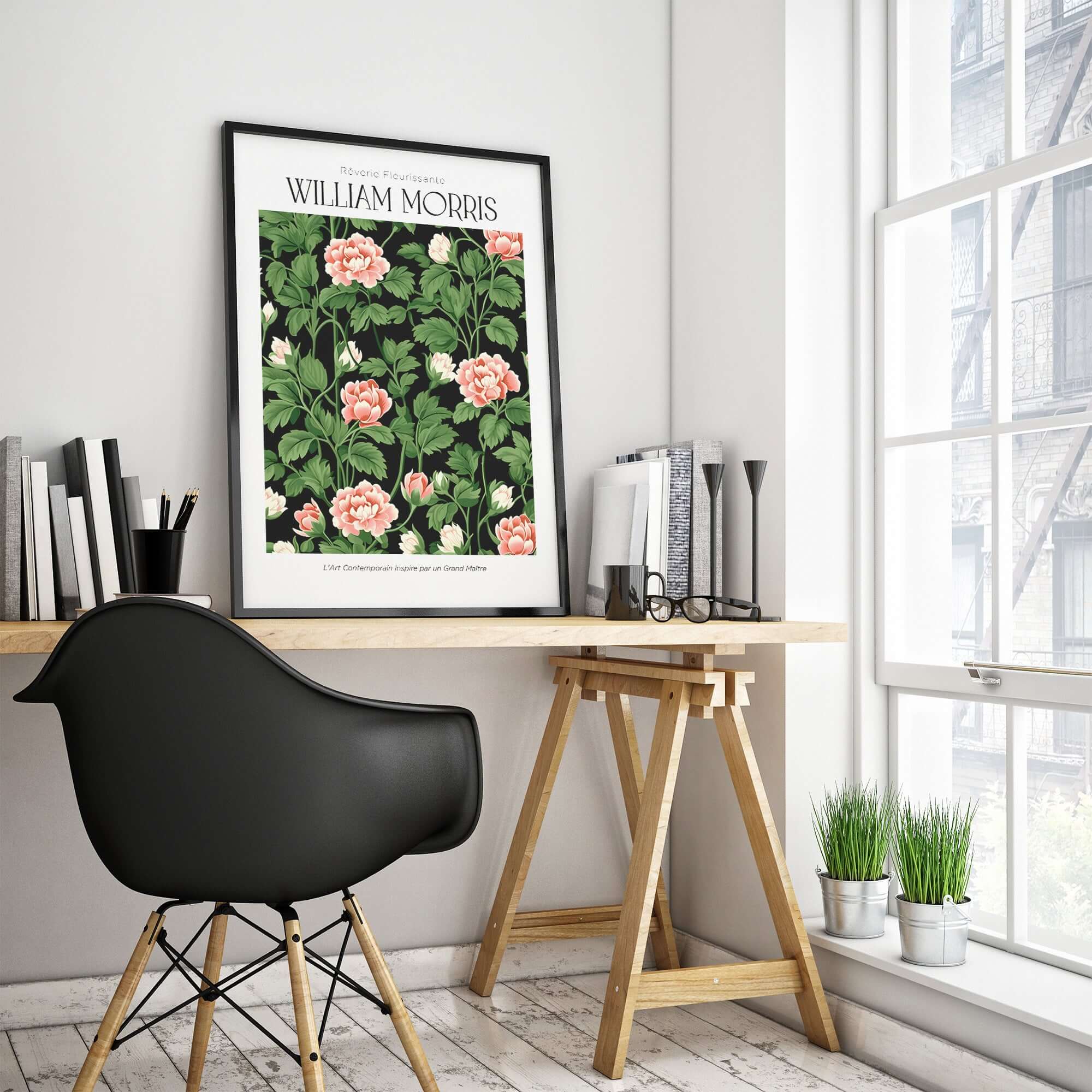 William Morris Prints - Pink Blossom Art Print - Dark Botanical Poster displayed in a modern home office setting.
