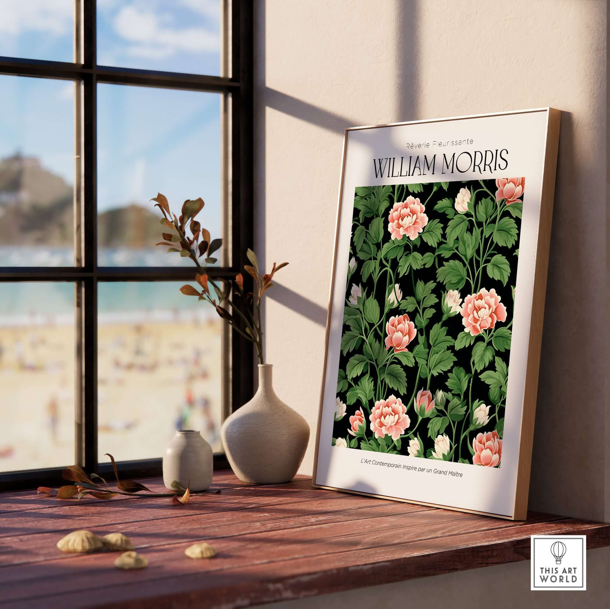 William Morris Prints - Pink Blossom Art Print - Dark Botanical Poster displayed on a wooden table by a window.