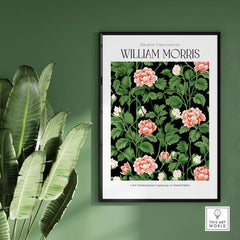 William Morris Prints - Pink Blossom Art Print - Dark Botanical Poster featuring floral design on a black background.