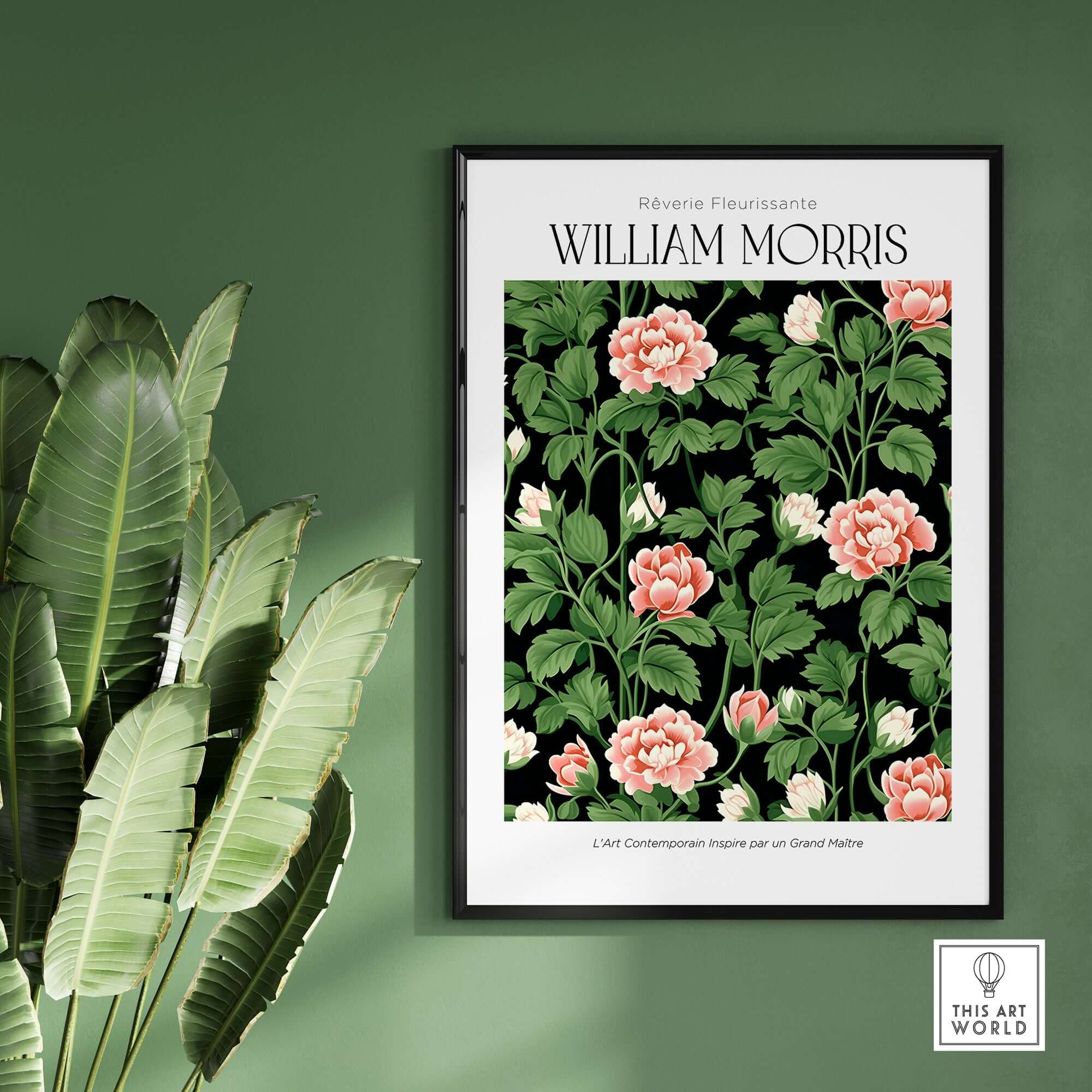 William Morris Prints - Pink Blossom Art Print - Dark Botanical Poster featuring floral design on a black background.