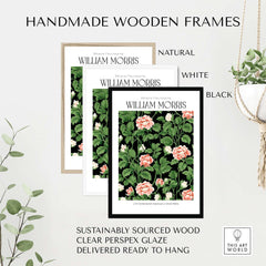 William Morris Prints - Pink Blossom Art Print - Dark Botanical Poster displayed in handmade wooden frames.