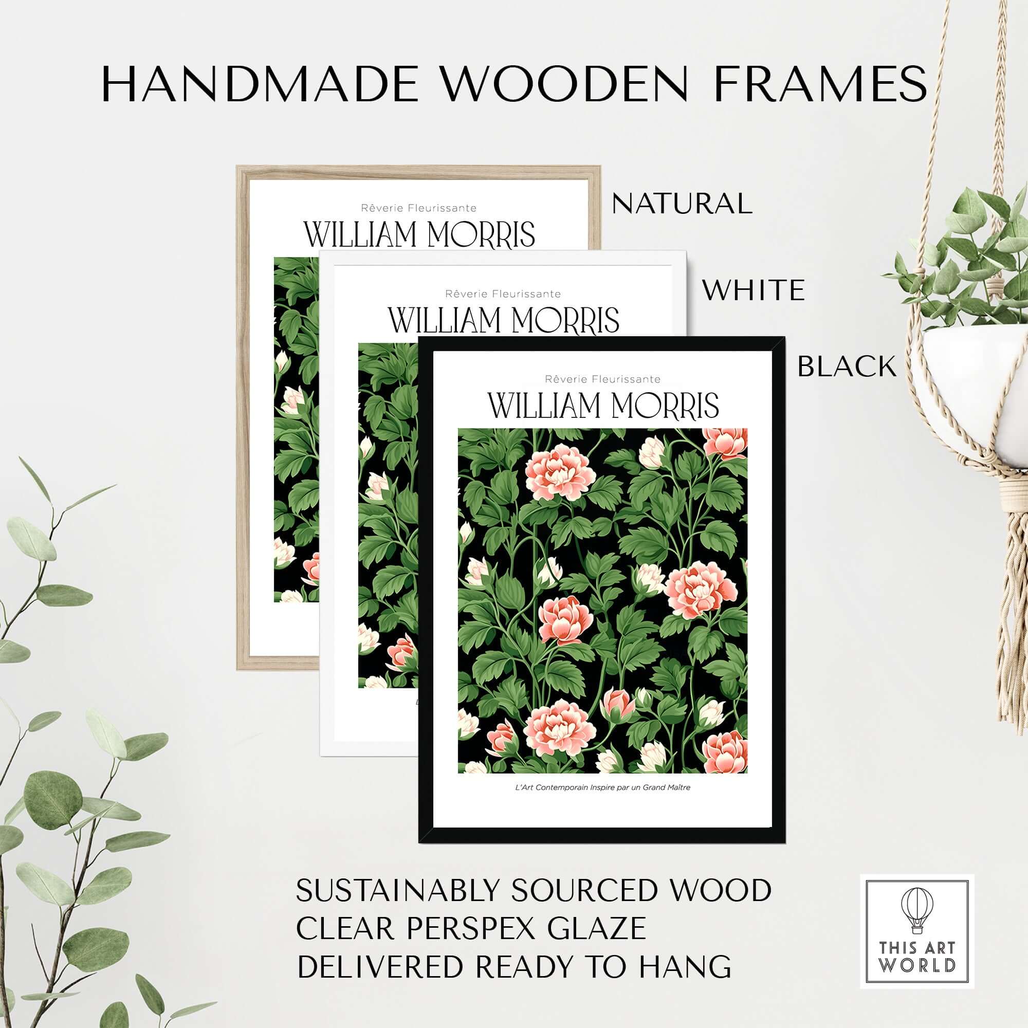 William Morris Prints - Pink Blossom Art Print - Dark Botanical Poster displayed in handmade wooden frames.