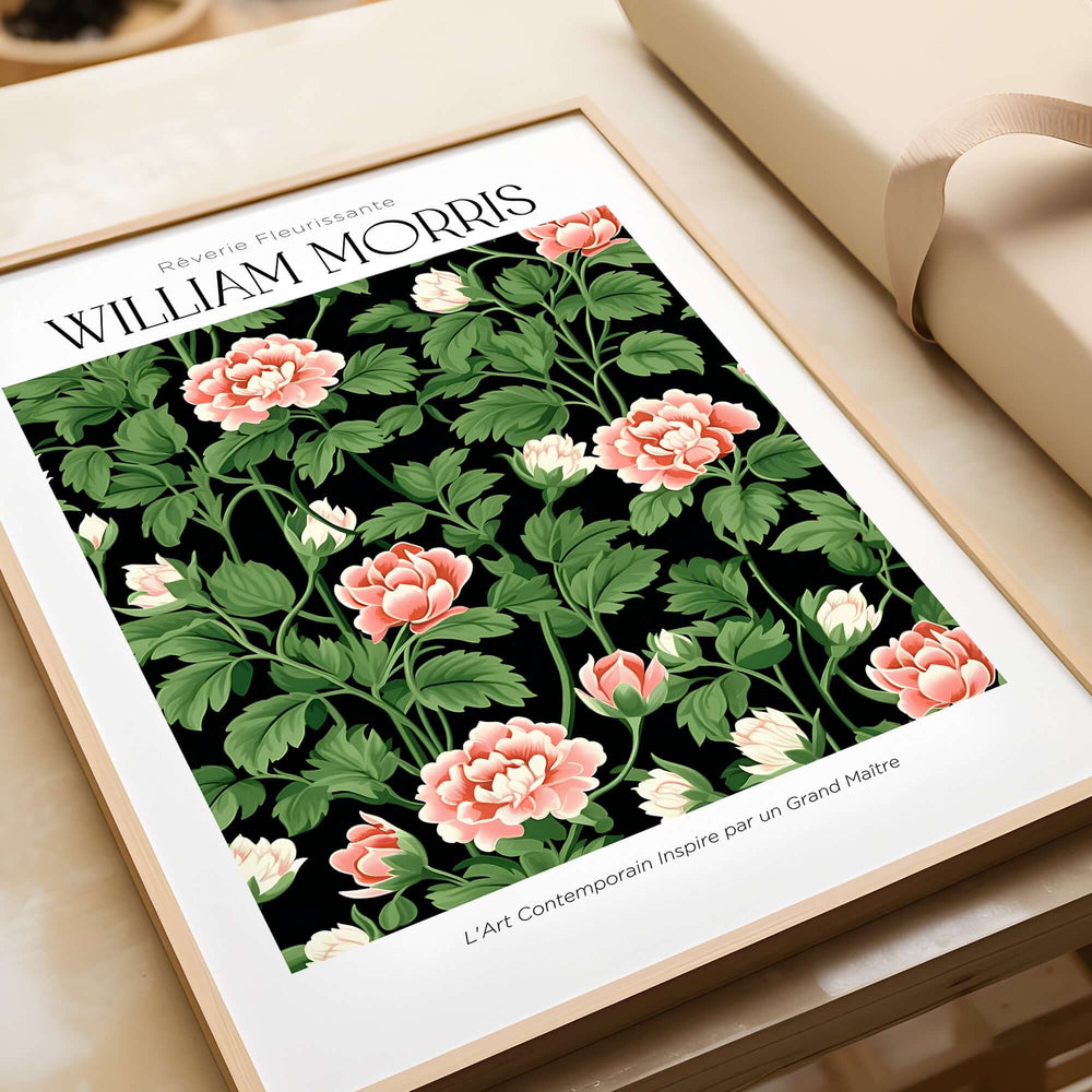William Morris Prints - Pink Blossom Art Print - Dark Botanical Poster featuring pink flowers on black background