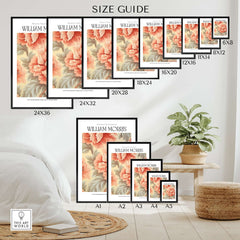 William Morris Prints - Pink Peony Pattern Art Print - Floral Botanical Poster size guide showcasing different frame sizes.