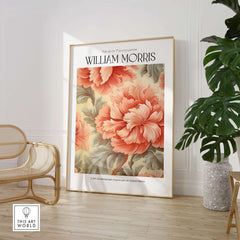William Morris Prints - Pink Peony Pattern Art Print - Floral Botanical Poster displayed in a modern interior setting.