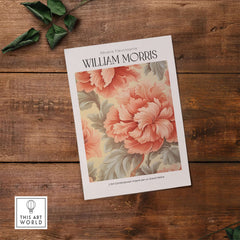 William Morris Prints - Pink Peony Pattern Art Print - Floral Botanical Poster on wooden background