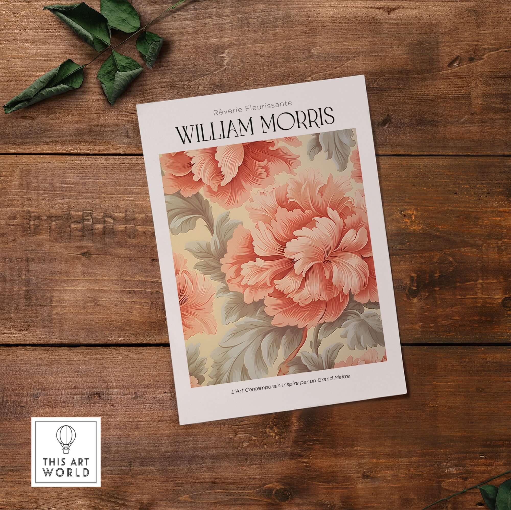 William Morris Prints - Pink Peony Pattern Art Print - Floral Botanical Poster on wooden background