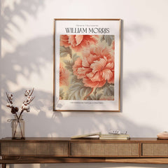 William Morris Prints - Pink Peony Pattern Art Print - Floral Botanical Poster displayed in a stylish interior setting.