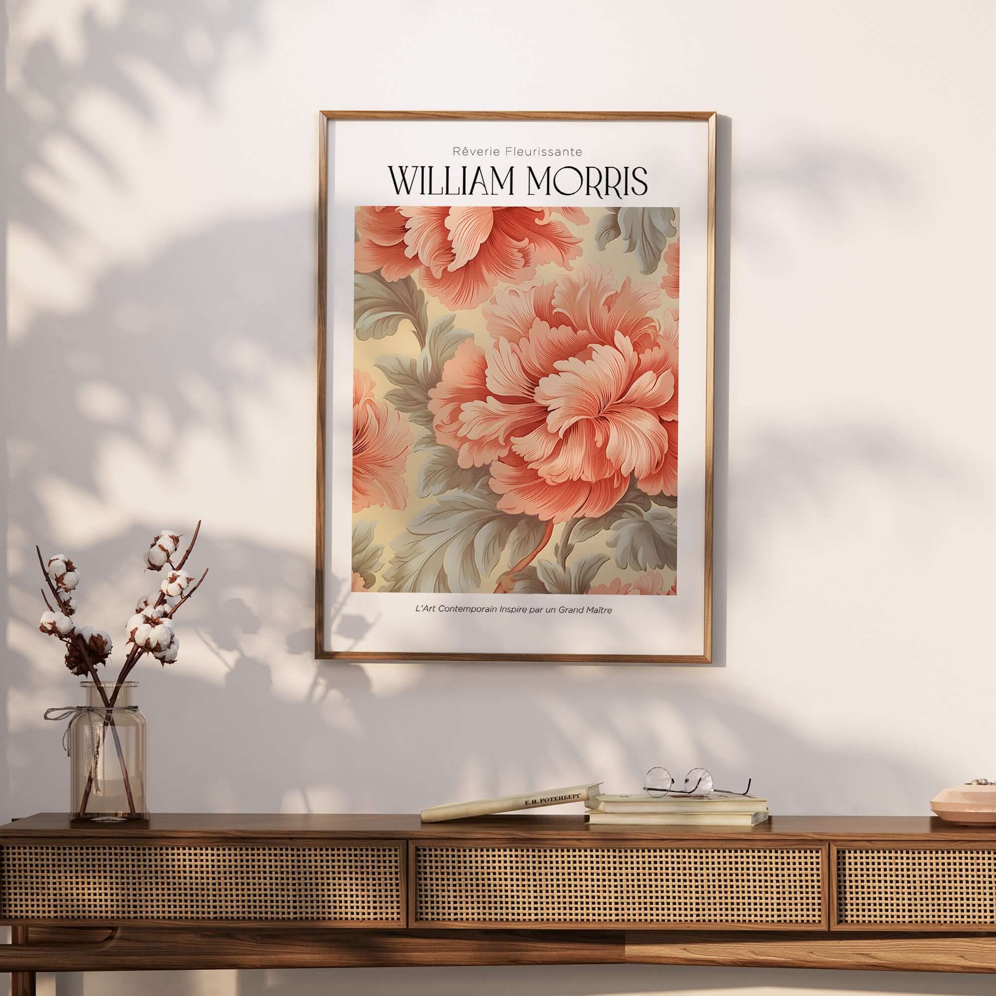 William Morris Prints - Pink Peony Pattern Art Print - Floral Botanical Poster displayed in a stylish interior setting.