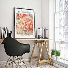William Morris Prints - Pink Peony Pattern Art Print - Floral Botanical Poster displayed in a modern workspace.