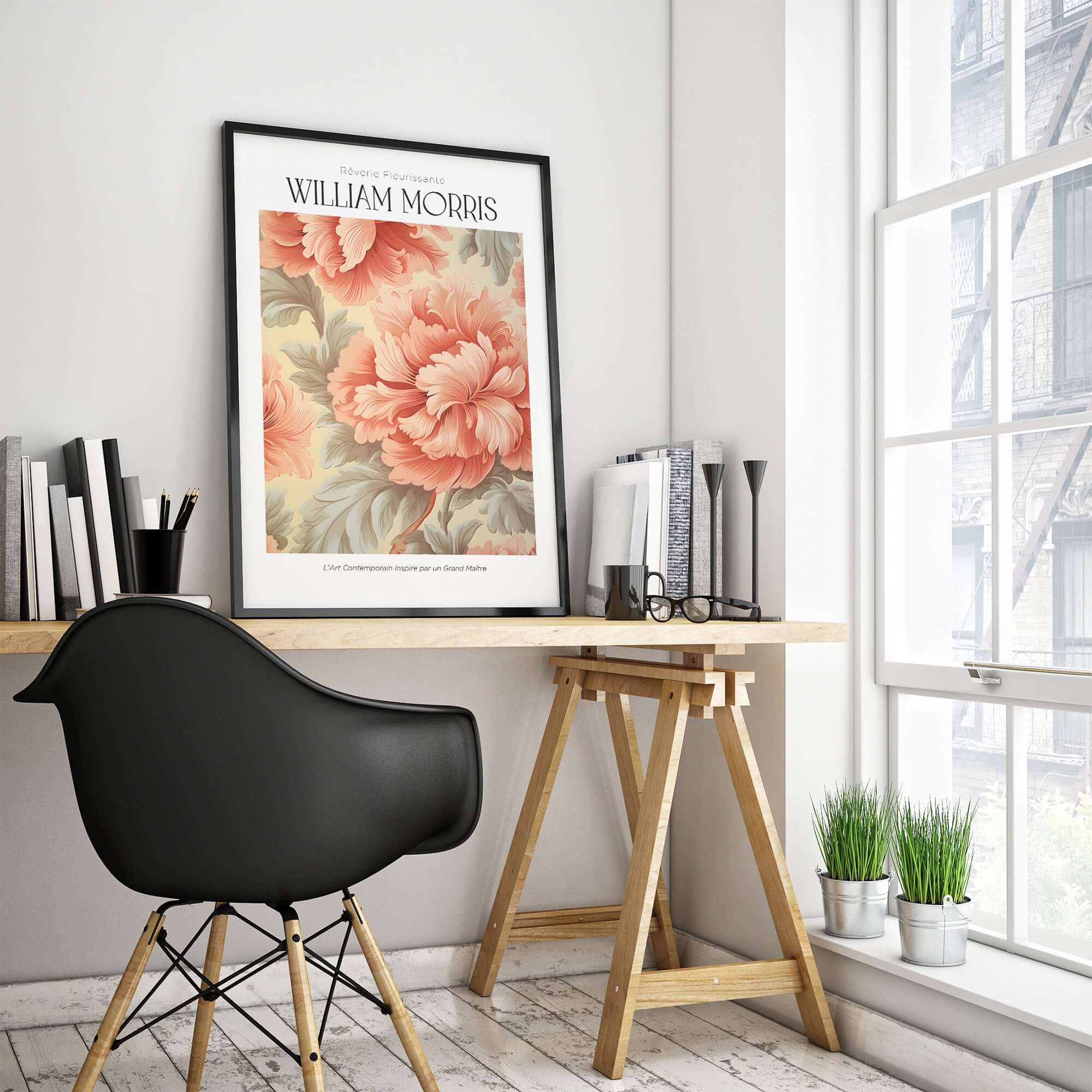 William Morris Prints - Pink Peony Pattern Art Print - Floral Botanical Poster displayed in a modern workspace.