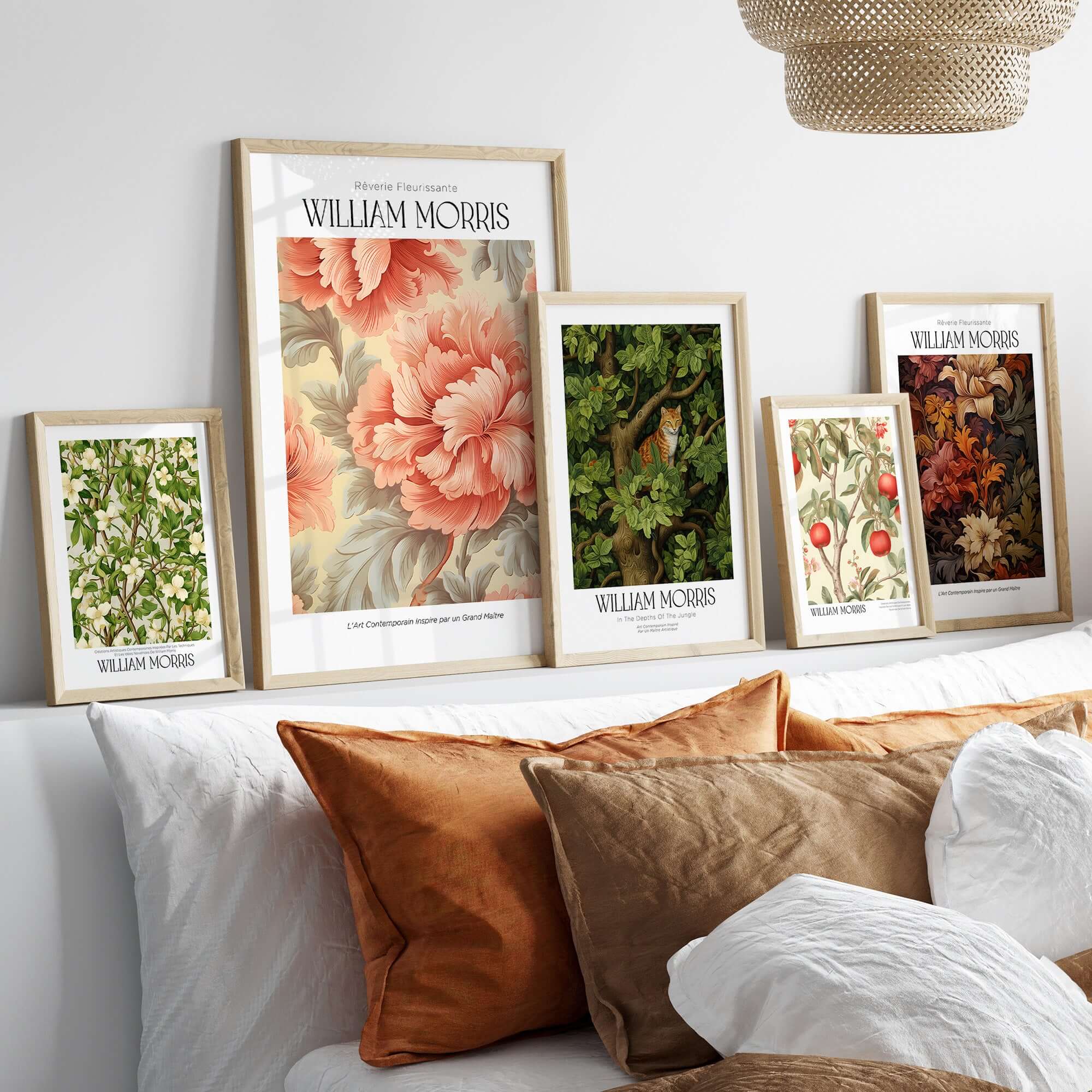 William Morris Prints - Pink Peony Pattern Art Print - Floral Botanical Poster displayed on a styled bed with decorative pillows.