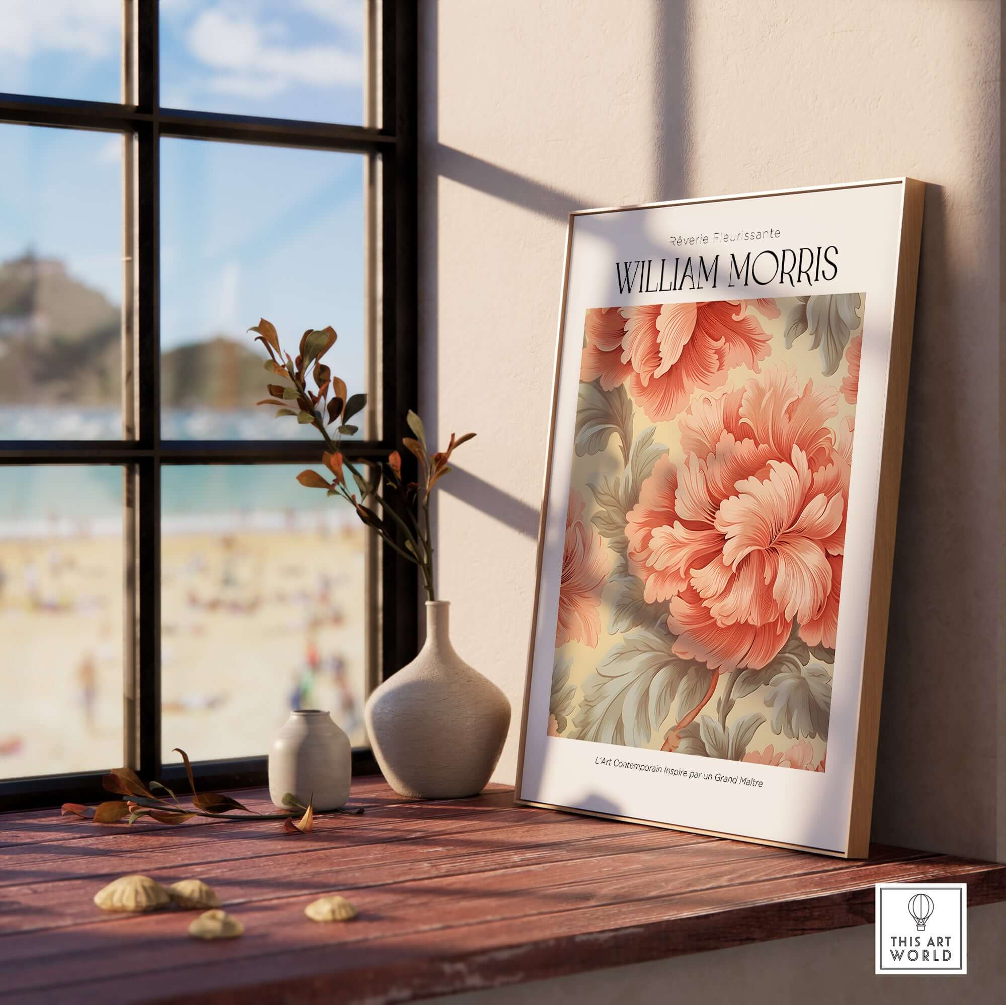 William Morris Prints - Pink Peony Pattern Art Print - Floral Botanical Poster displayed in a sunlit interior with beach view.