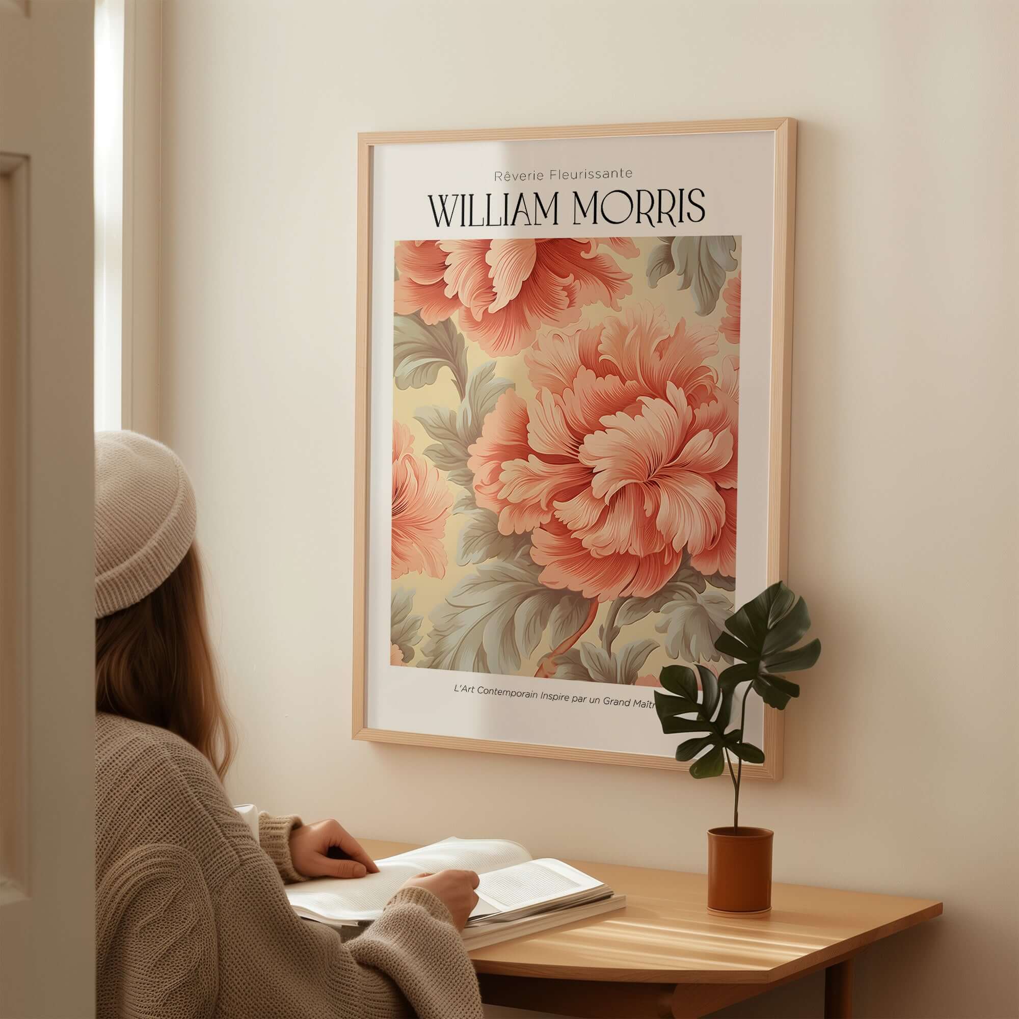 William Morris Prints - Pink Peony Pattern Art Print - Floral Botanical Poster displayed in a stylish interior setting.