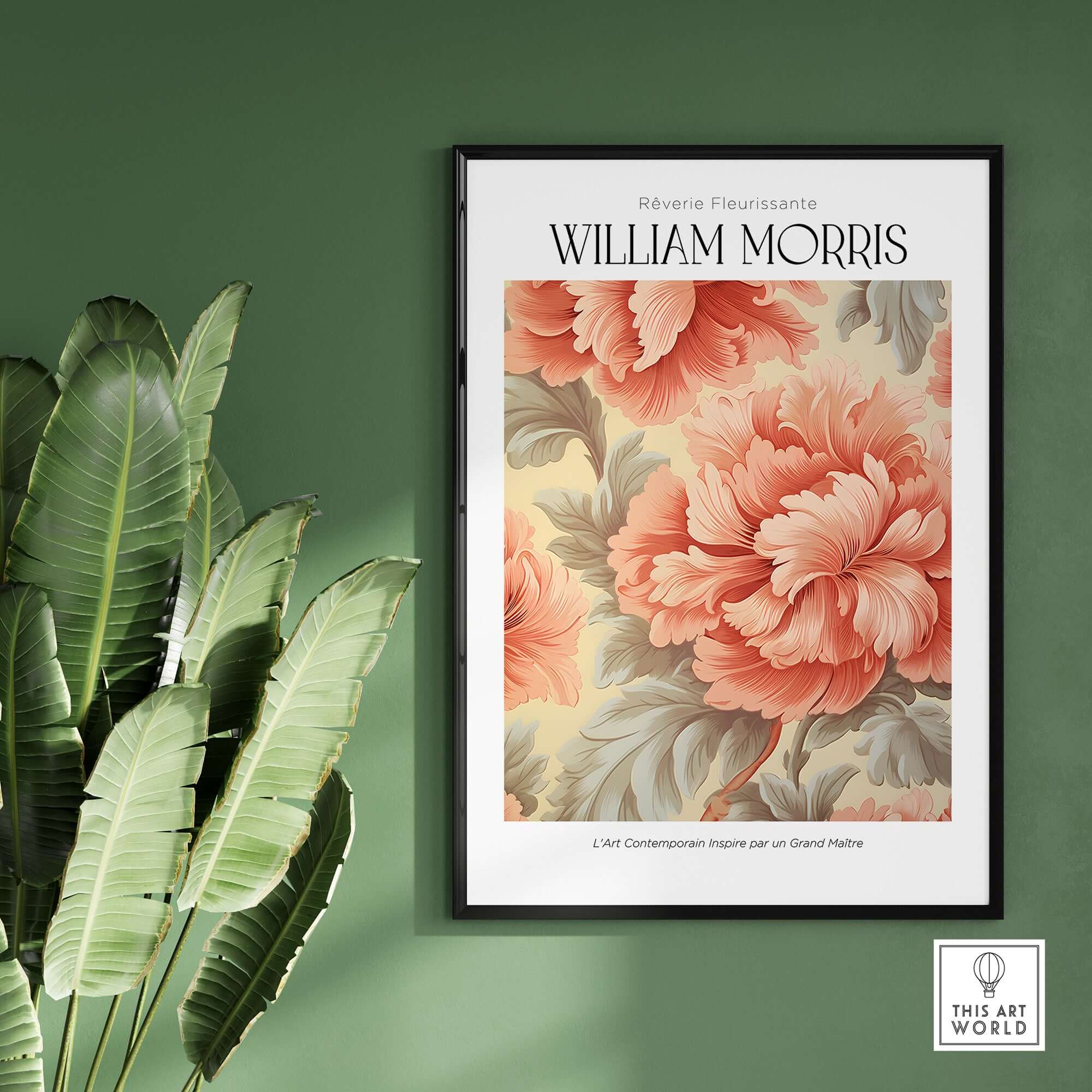 William Morris Prints - Pink Peony Pattern Art Print - Floral Botanical Poster on a green wall beside tropical leaves.