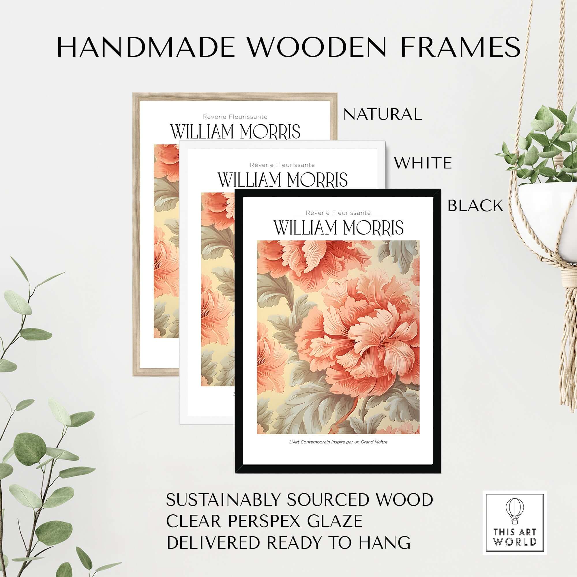 William Morris Prints - Pink Peony Pattern Art Print - Floral Botanical Poster in handmade wooden frames