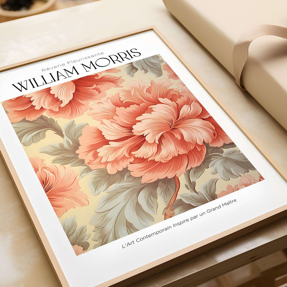 William Morris Prints - Pink Peony Pattern Art Print - Floral Botanical Poster featuring vibrant peonies and leaves.