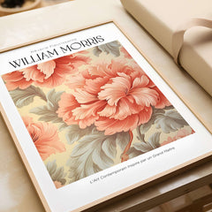 William Morris Prints - Pink Peony Pattern Art Print - Floral Botanical Poster featuring vibrant peonies and leaves.