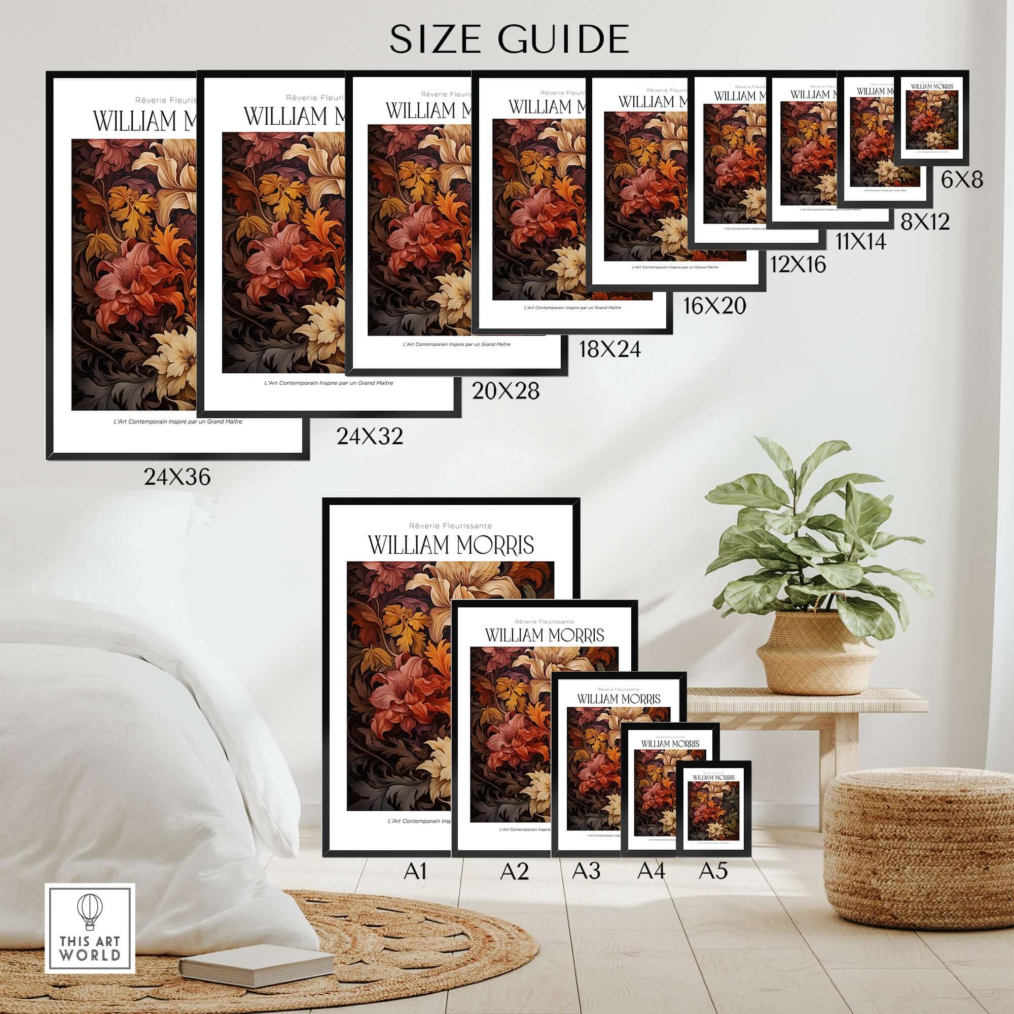 William Morris Prints - Rich Floral Foliage Pattern Art Print - Autumnal Botanical Poster size guide with various frame dimensions